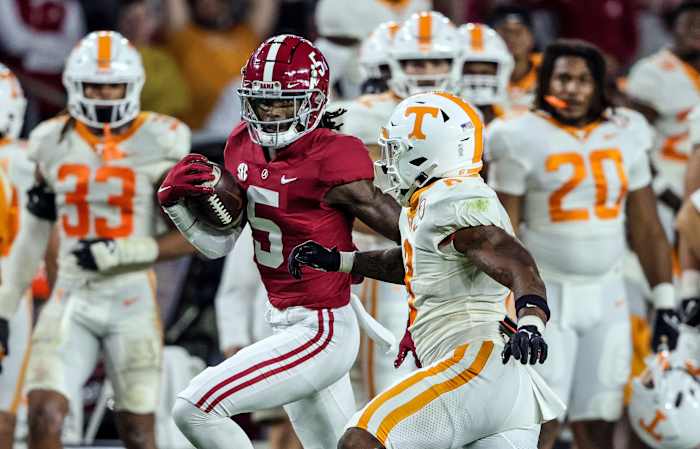 Alabama Crimson Tide defensive back Jalyn Armour-Davis (5) carries the ball after an interception against the Tennessee Volunteers during the second half at Bryant-Denny Stadium.